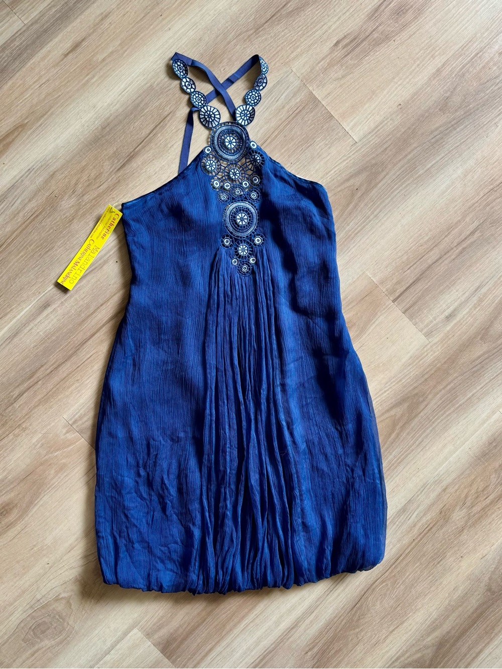 Catherine Malandrino 100% Silk Embellished Halter Mini Dress Blue Crinkle Silk 4